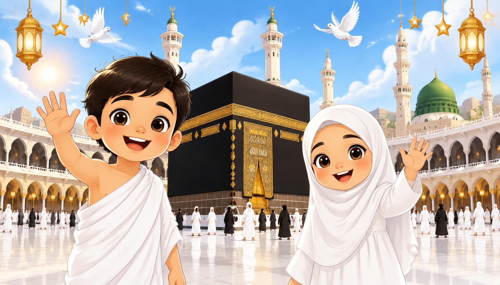 Two children waving in front of the Kaaba